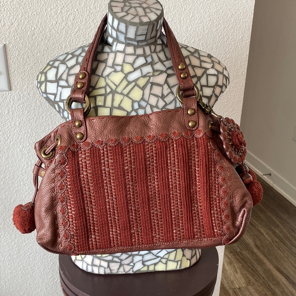 Isabella Fiori Large Shimmery Rust Leather/Knit Pom Tassel Satchel/Hobo Bag
